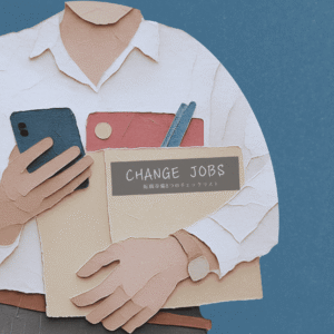 Paper cutout illustration of a person in a white shirt holding a smartphone and a cardboard box of office supplies. Text CHANGE JOBS