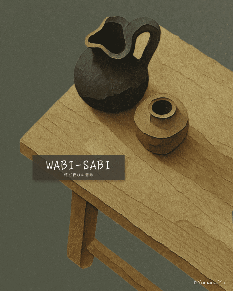 Paper cutout illustration of a dark, rustic pitcher and a small brown ceramic pot sitting on a wooden stool. Text WABI-SABI