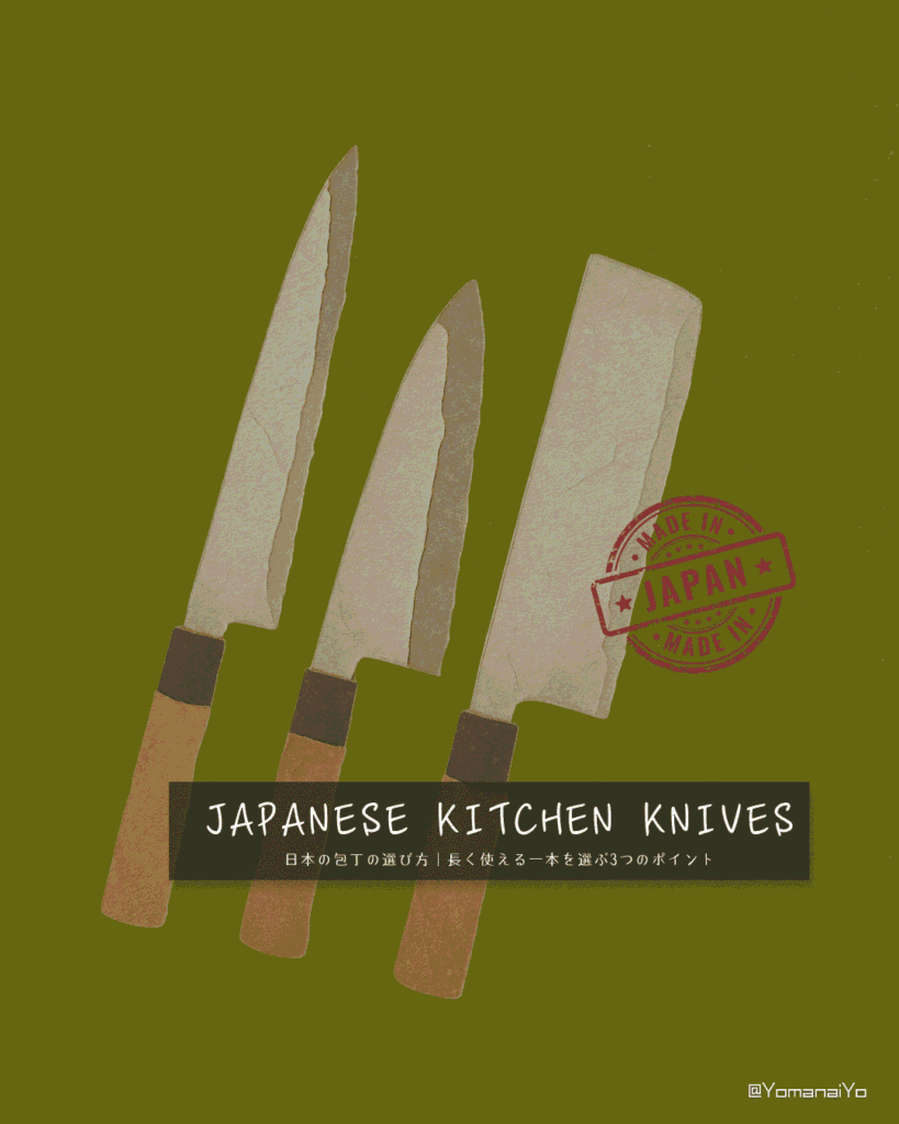 Paper cutout illustration of three Japanese kitchen knives on a green background with a red Made in Japan stamp. Text reads JAPANESE KITCHEN KNIVES."